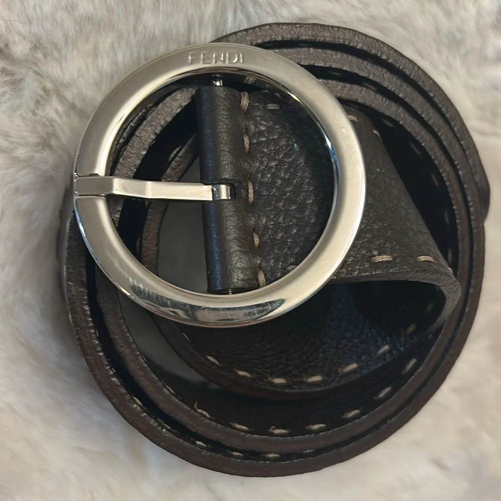 Fendi Dark Brown Leather Belt with Silver Round Buckle